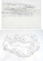 Toine Horvers, ‘Clouds Live’, (kleur)potloden op papier, 2003, 30 x 40 cm. en Amparo Sard, geperforeerd papierreliëf 2013 [Crown of Hands], 0.70 x 1 m. (ingelijst in 90% uv-wereld artglas, esdoorningewit).
PHŒBUS•Rotterdam